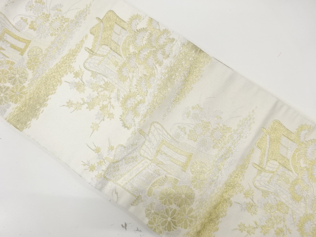 JAPANESE KIMONO / ANTIQUE FUKURO OBI / WOVEN CARRIAGE & KIKU